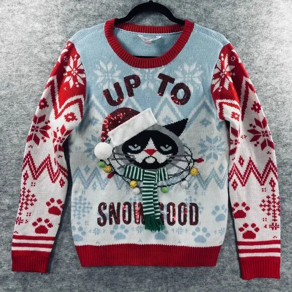 Bad Cat Womens Size M Ugly Christmas Sweater Grumpy Cat Sequin Holiday Knit - Picture 8 of 8